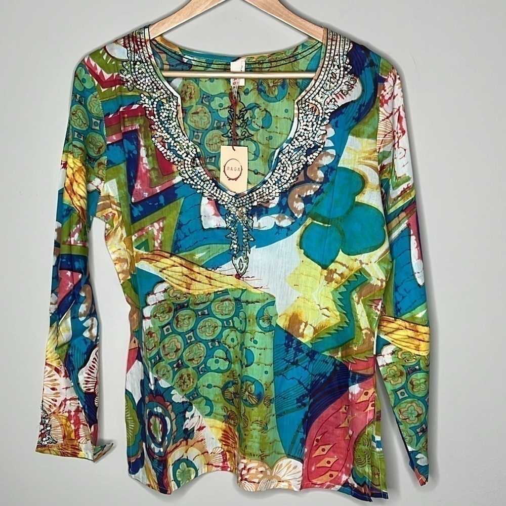 RAGA Colorful Boho Cotton Long Sleeve V-neck Tunic w/Sequins Size Large NWT!